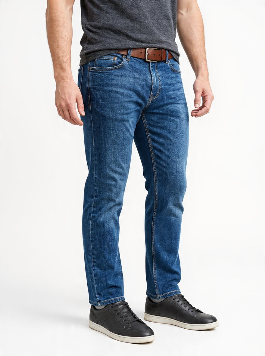 Men Slim Fit Medium Blue Stone Washed Casual Denim Jeans - Left Side
