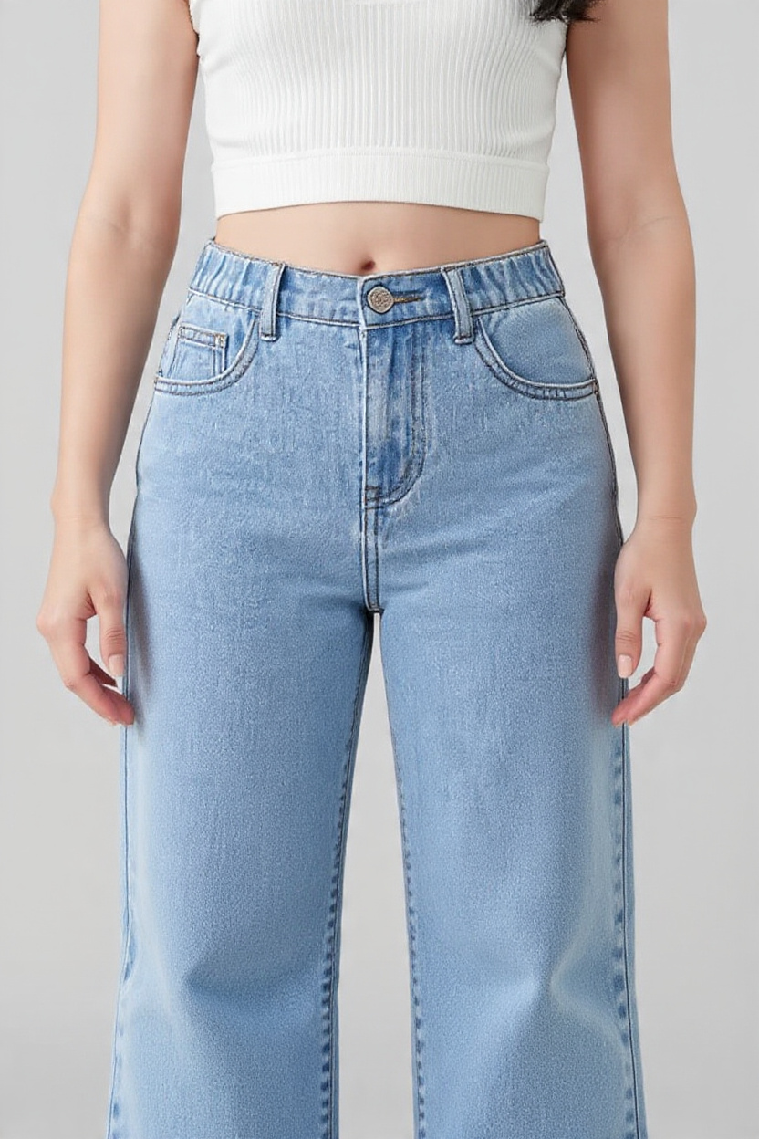 Women Ice Blue Relaxed Fit High-Rise Wide-Leg Denim Jeans - Left Side