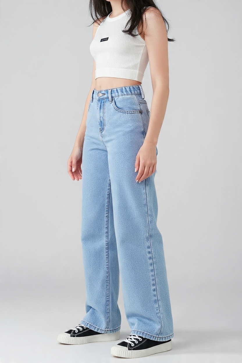 Women Ice Blue Relaxed Fit High-Rise Wide-Leg Denim Jeans - Detail View