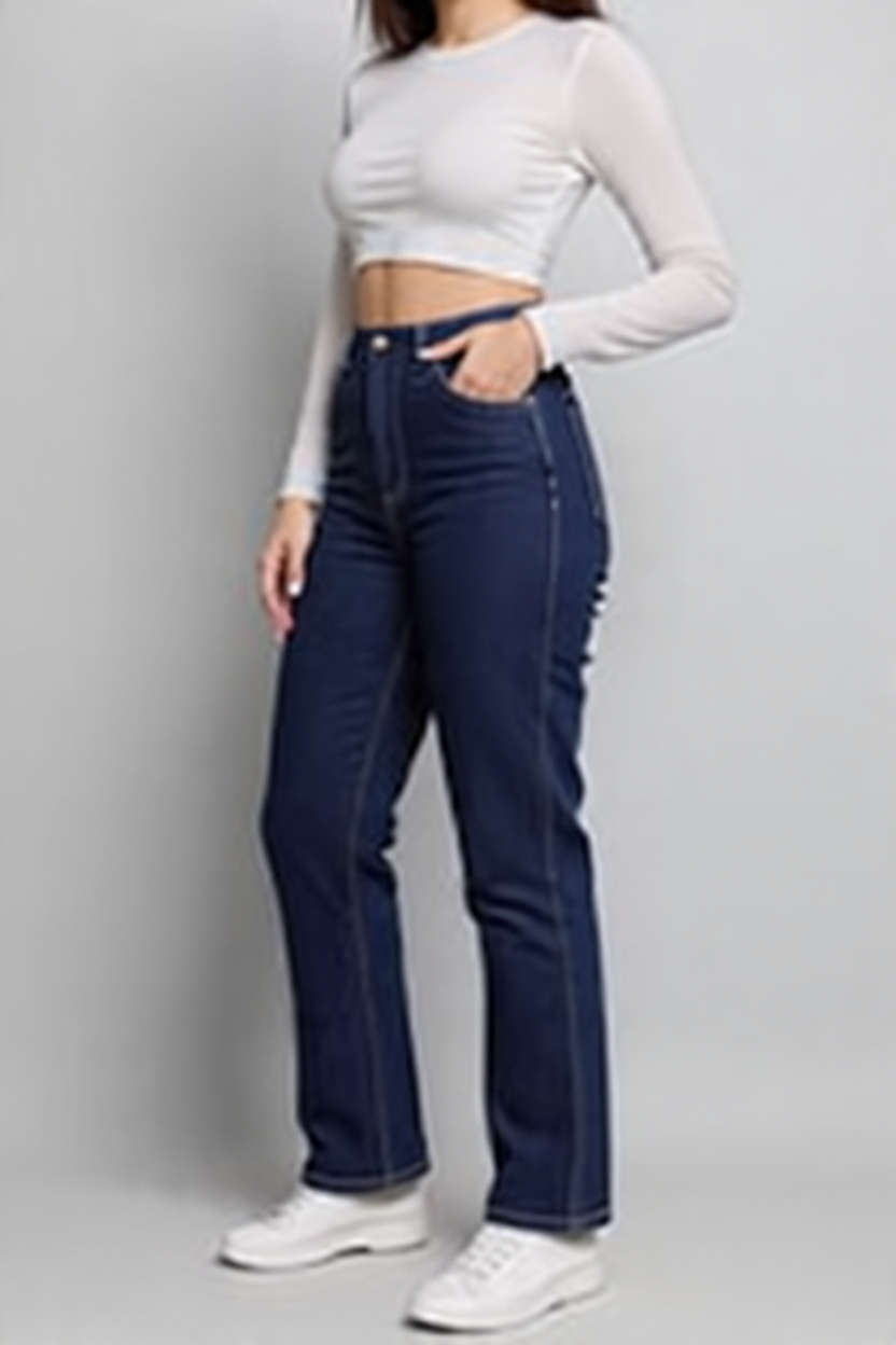Women High-Rise Regular Fit Straight-Leg Dark Blue Denim Jeans - Detail View