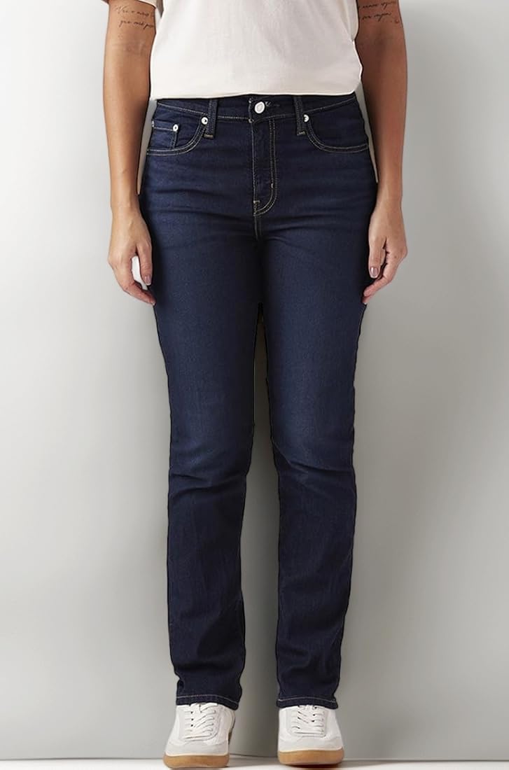 Women High-Rise Regular Fit Straight-Leg Dark Indigo Blue Denim Jeans - Back View