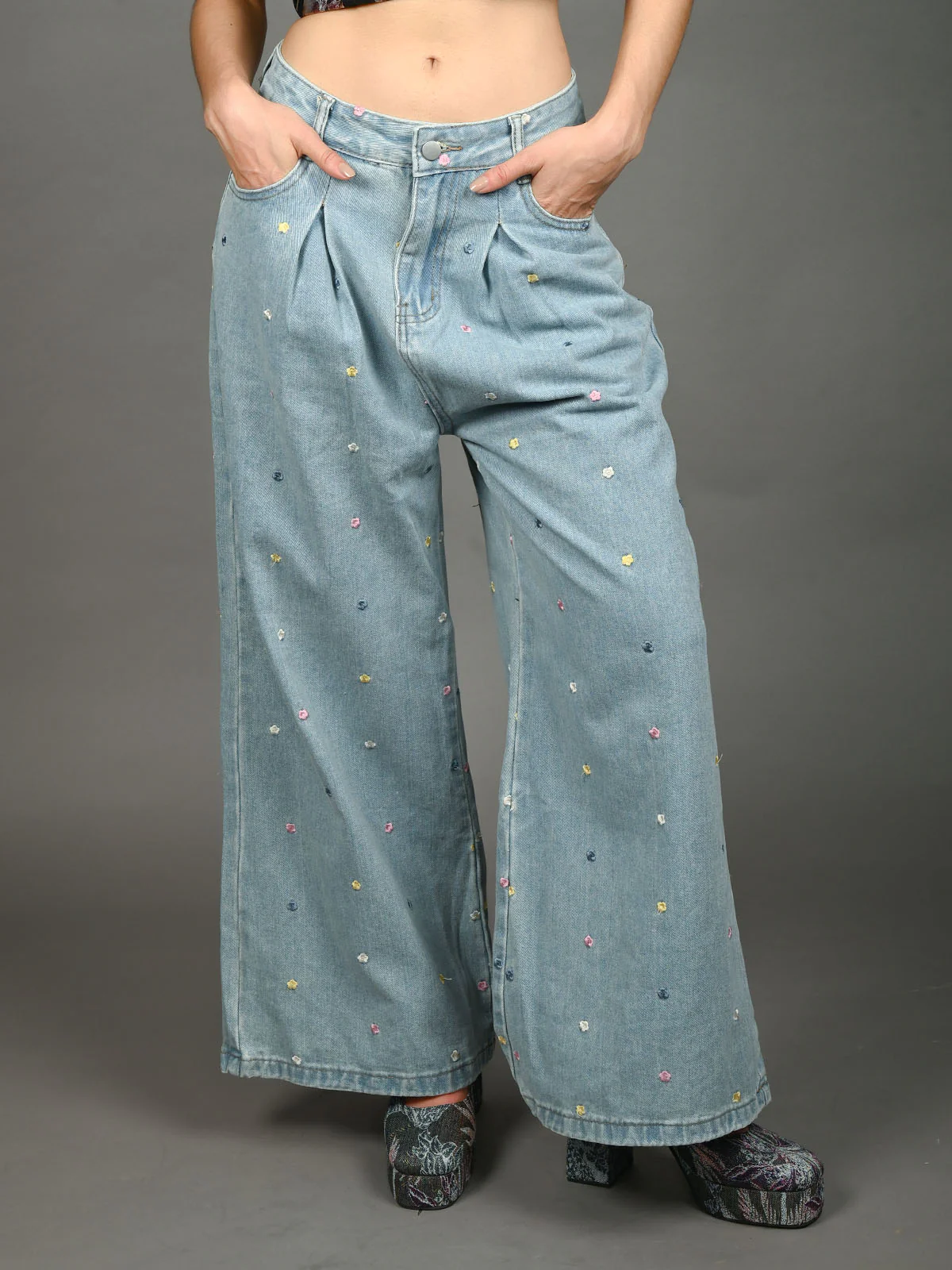 Women's High-Rise Relaxed Fit Wide-Leg Palazzo Style Stone-Washed Light Blue Denim Jeans with Embroidery