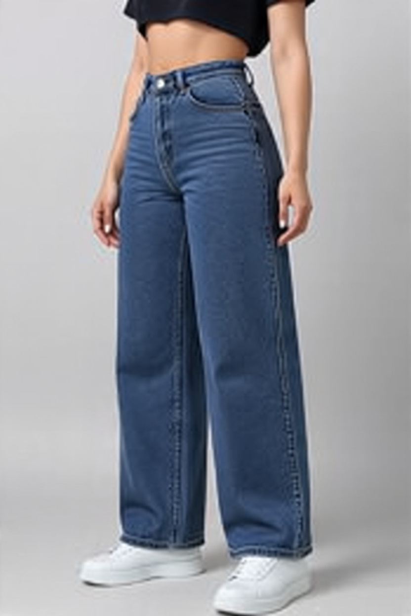 Women High-Rise Relaxed Fit Wide-Leg Baggy Style Indigo Blue Denim Jeans - Detail View