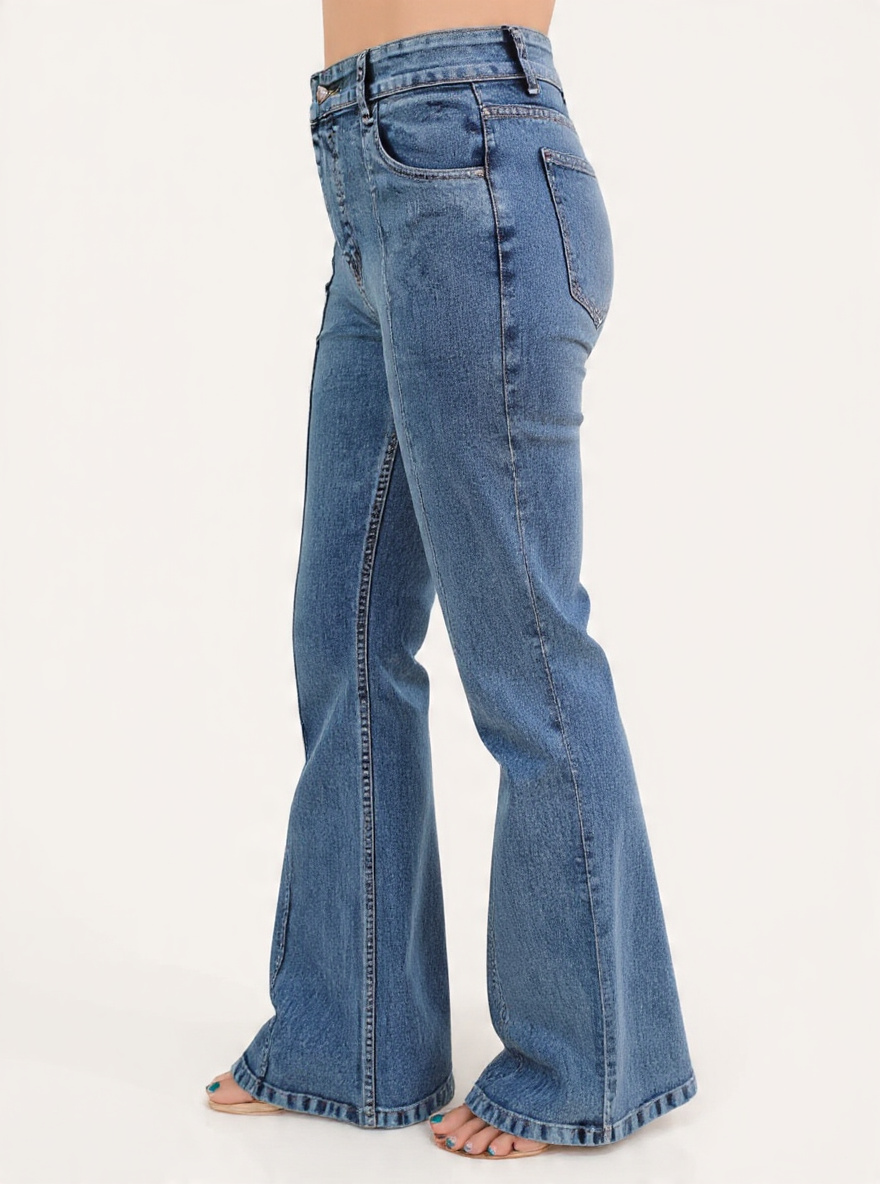 Women’s High-Rise Relaxed Fit Wide-Leg Bootcut Stone Wash Light Blue Denim Jeans with Front Seam Stitch Detail - Left Side