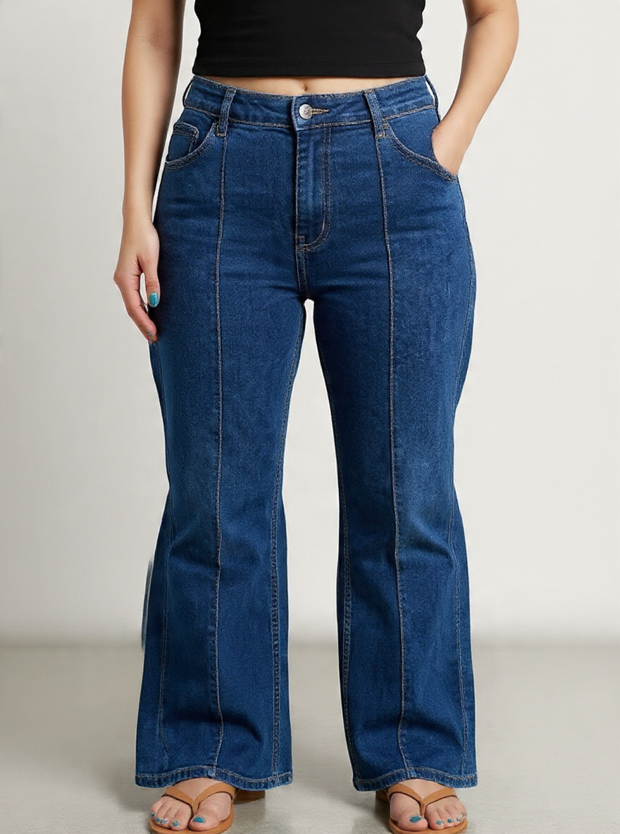 Women’s High-Rise Relaxed Fit Wide-Leg Bootcut Stone Wash Dark Blue Denim Jeans with Front Seam Stitch Detail