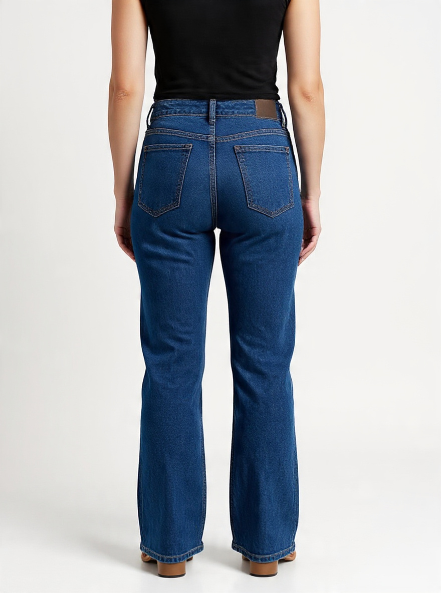 Women’s High-Rise Relaxed Fit Wide-Leg Bootcut Stone Wash Dark Blue Denim Jeans with Front Seam Stitch Detail - Right Side