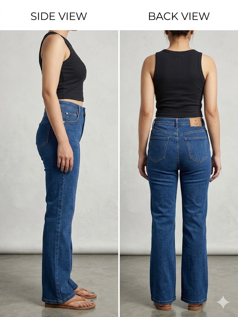 Women’s High-Rise Relaxed Fit Wide-Leg Bootcut Stone Wash Dark Blue Denim Jeans with Front Seam Stitch Detail