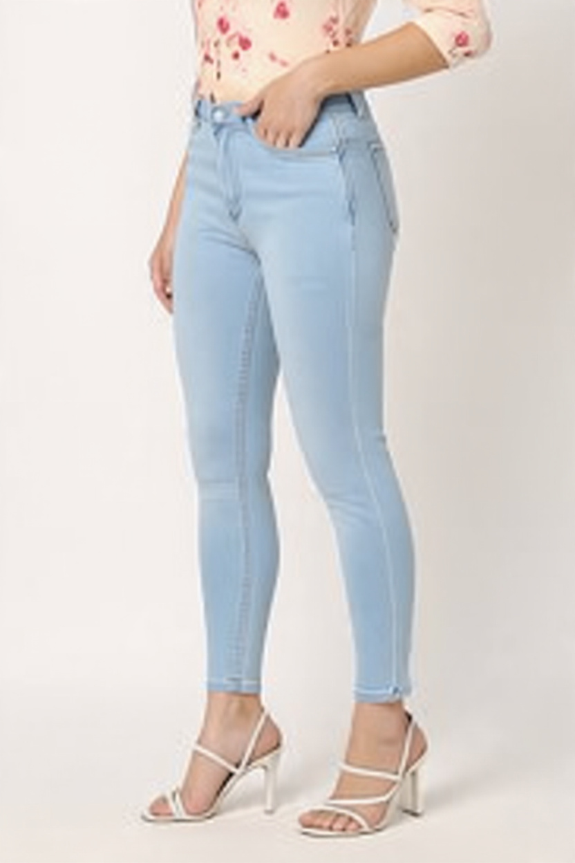Women Skin Fit Light Sky Blue Denim Jeans - Left Side